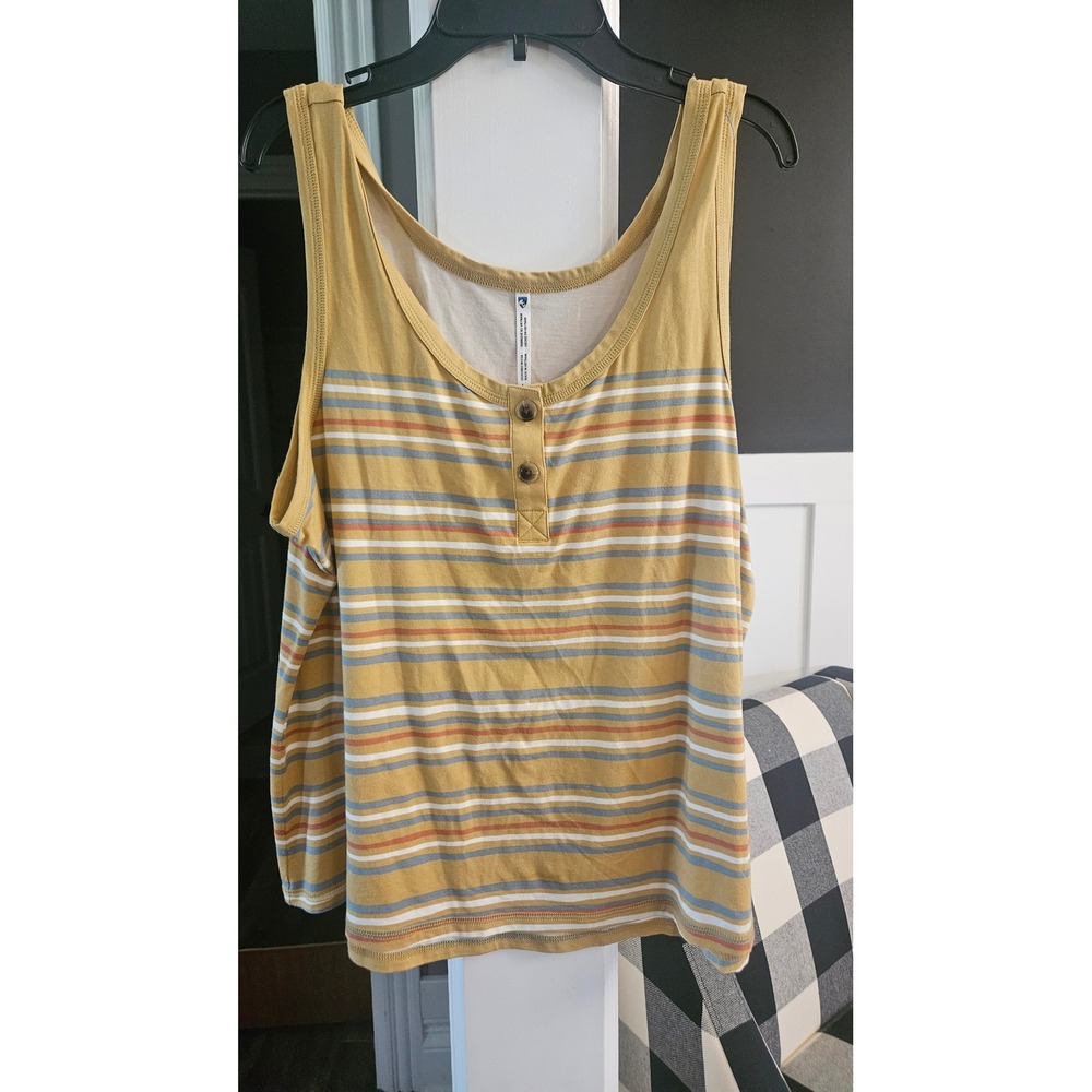 Gorpcore Womens Kuhl Mustard Yellow Striped Henley tank with outdoor logo size L
